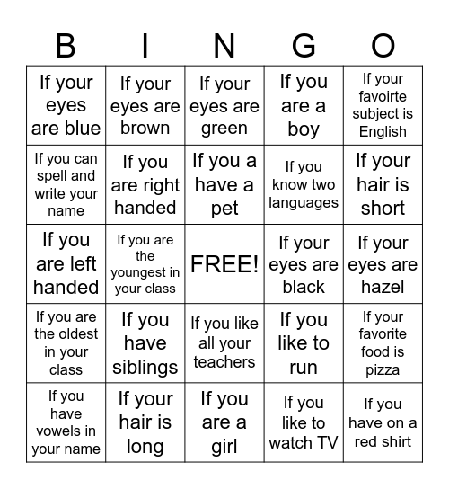 All about ME Bingo Card