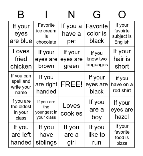 All about ME Bingo Card