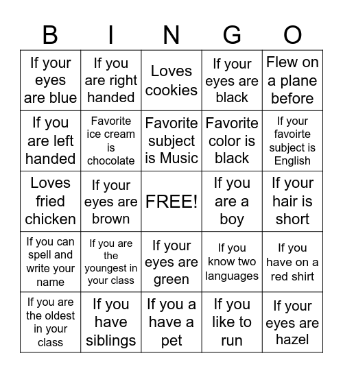 All about ME Bingo Card