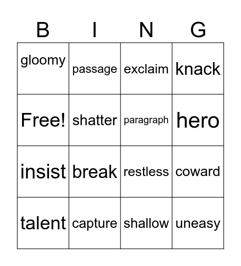 Unit 4 Bingo Card