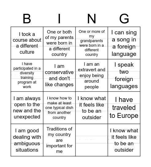 Intercultural Bingo Card