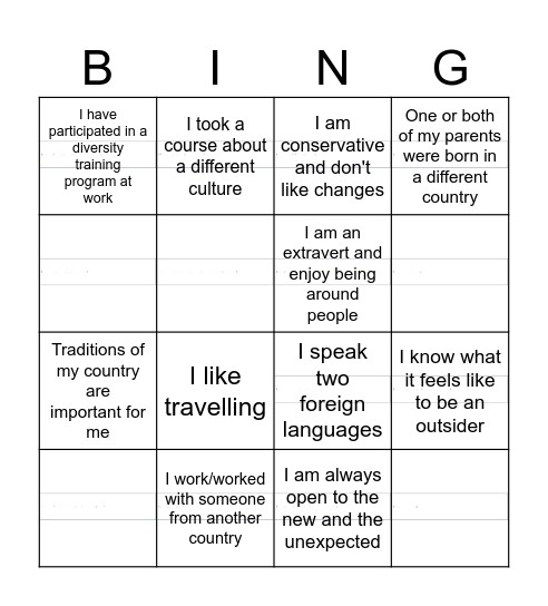 Intercultural Bingo Card
