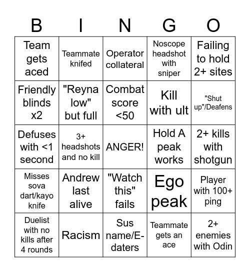 Valo bingo Card