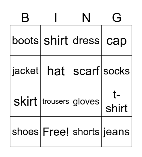 CLOTHING Bingo Card