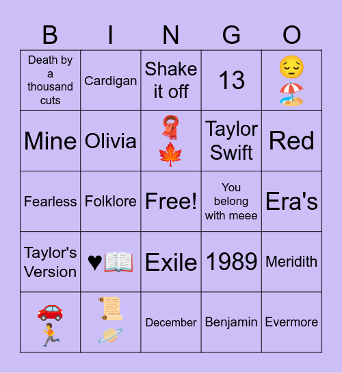 Taylor Swift Round Bingo Card