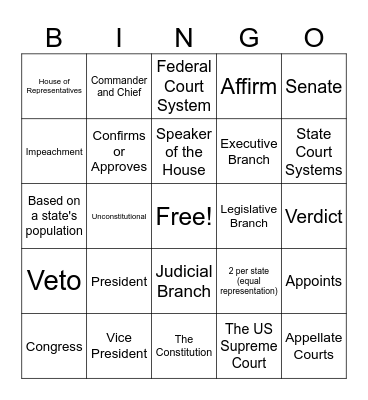 Branches of Government Bingo Card