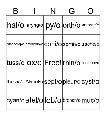 Medical Terminology Bingo Card