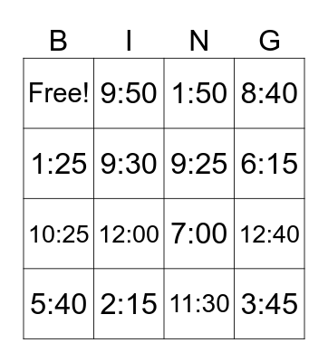 What time is it? Bingo Card