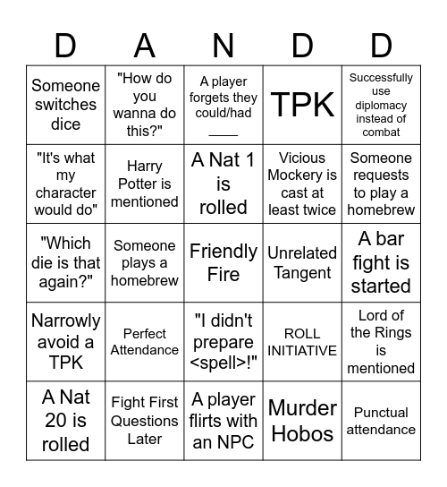 D&D Bingo Card