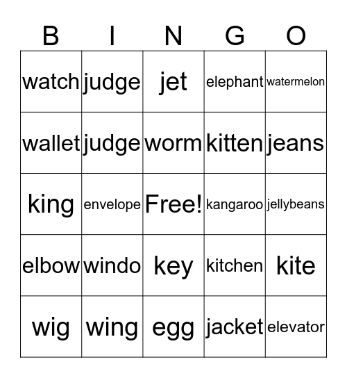 W, K, J, E  Bingo Card