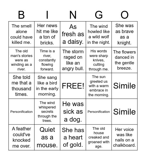 Figurative Language Bingo Card