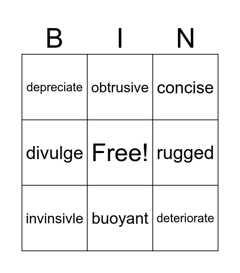 Prep English 2 Vocabulary 3 Bingo Card