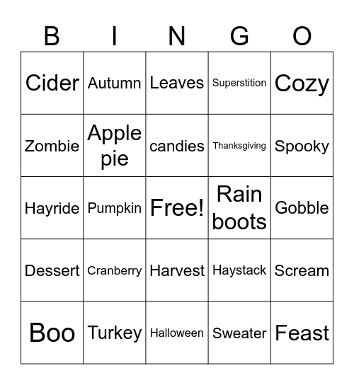 C.A.M Fall Festival Bingo Card