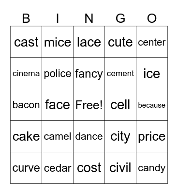 Sounds of C Bingo Card