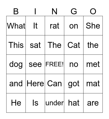 Sight Word Bingo Card
