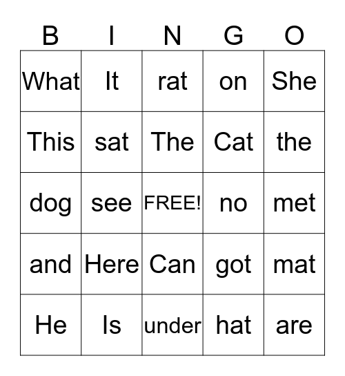 Sight Word Bingo Card
