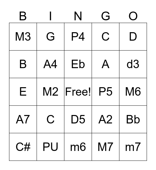 Interval Bingo Card