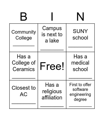 RAC College Fair Bingo Card