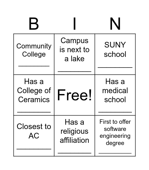 RAC College Fair Bingo Card