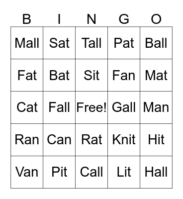 Word families  Bingo Card