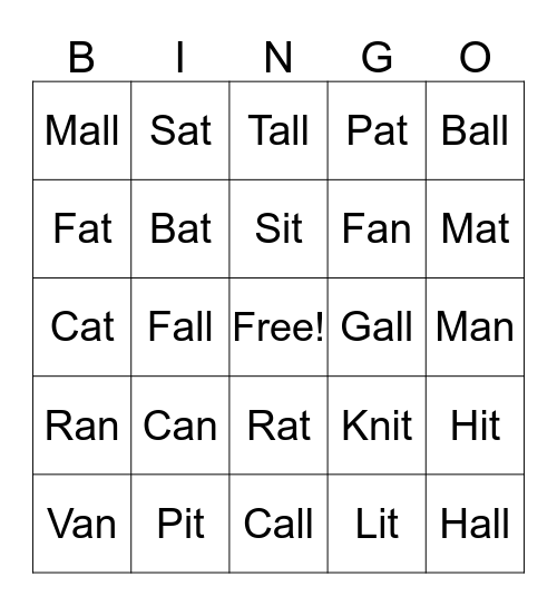 Word families  Bingo Card