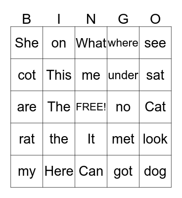 Sight Word Bingo Card