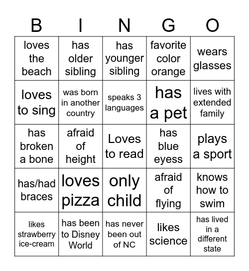 Characteristics Bingo Card