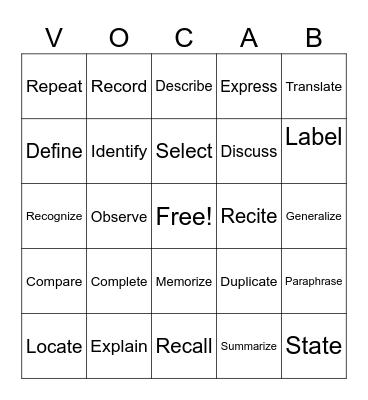 BCMS Vocabulary List Bingo Card