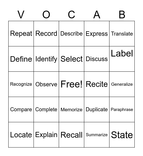 BCMS Vocabulary List Bingo Card