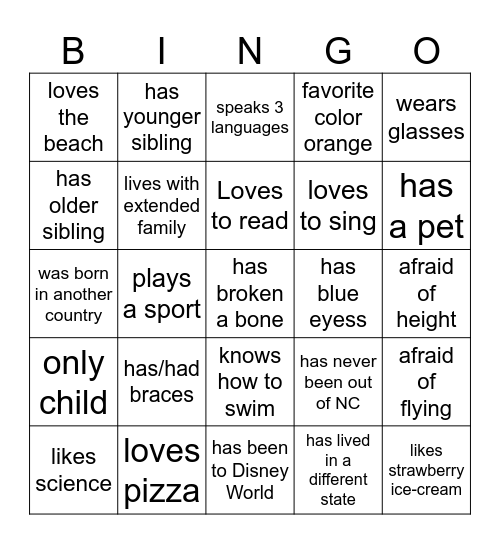 Characteristics Bingo Card