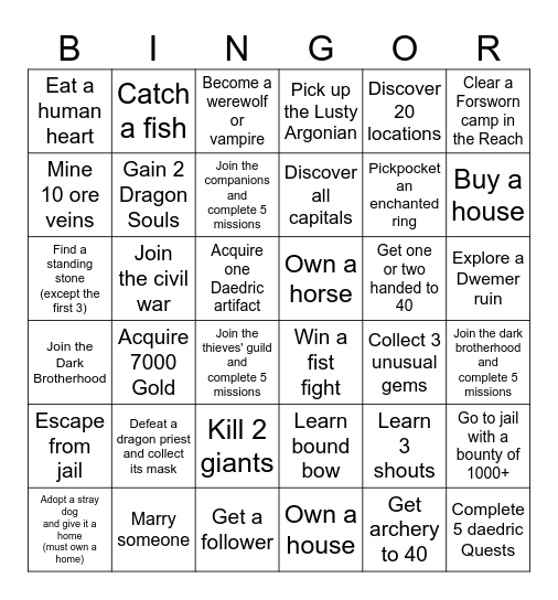 Skyrim Bingor Bingo Card