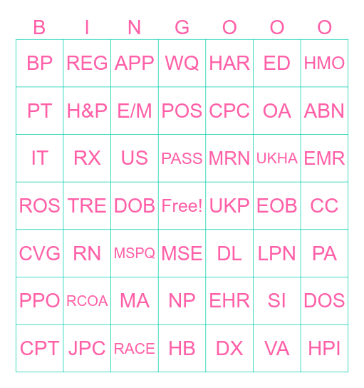 ACRONYM BINGOOO Bingo Card