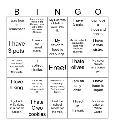 Two Truths and a Lie Bingo Card