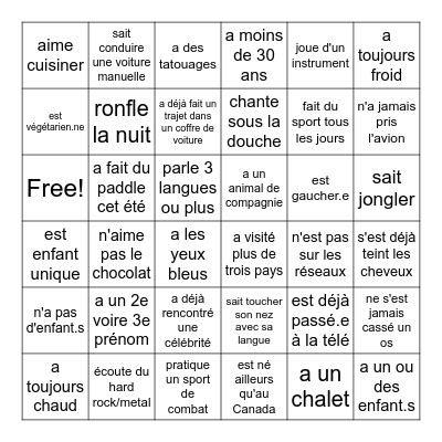 TROUVE QUELQU'UN QUI Bingo Card