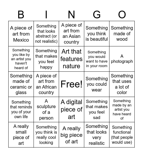 Art Institute Bingo Card