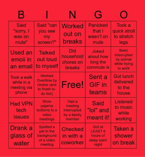 In the past week I have...(WFH Edition) Bingo Card