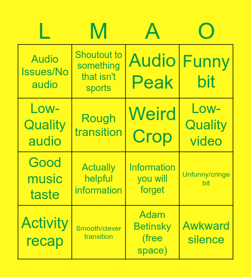 Irish Update Bingo Card
