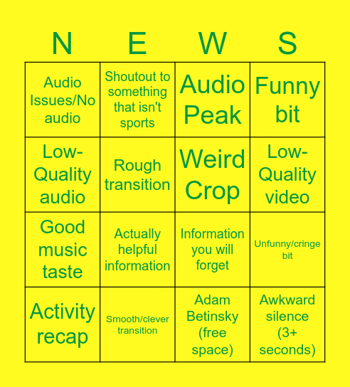 Irish Update Bingo Card