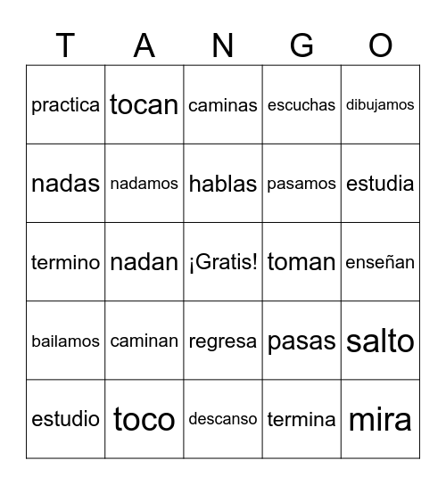 Verbos -ar Bingo Card