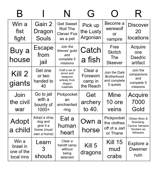 Skyrim Bingor Bingo Card