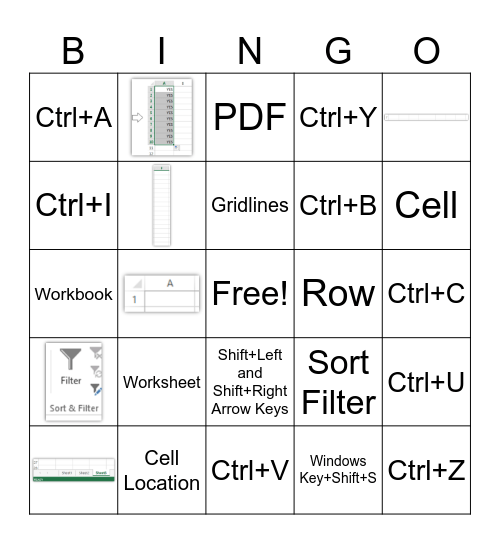 Excel Vocab and Typing Shortcuts Bingo Card