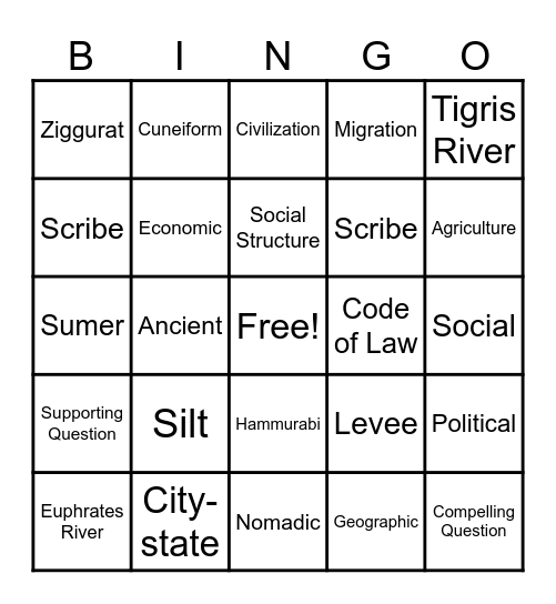 Mesopotamia Vocab Bingo Card