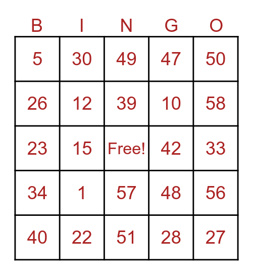 Numeros Bingo Card