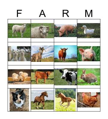 Farm Animal Bingo Card