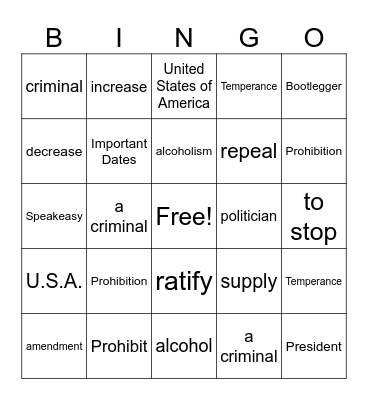 Prohibition Bingo Card