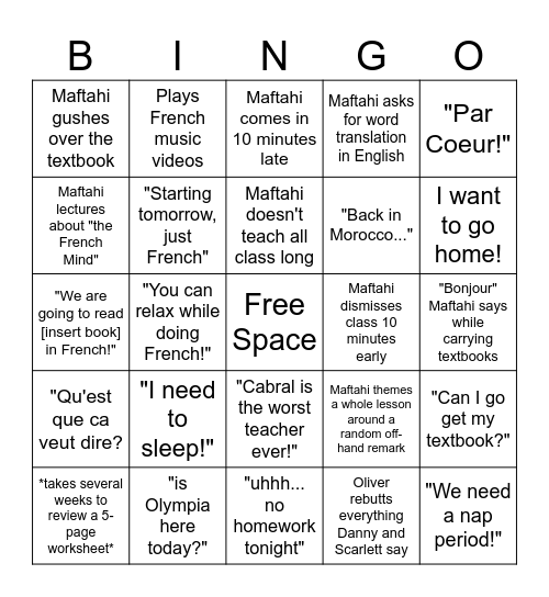 French Class Bingo Card