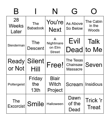 Horror Movie Bingo Card