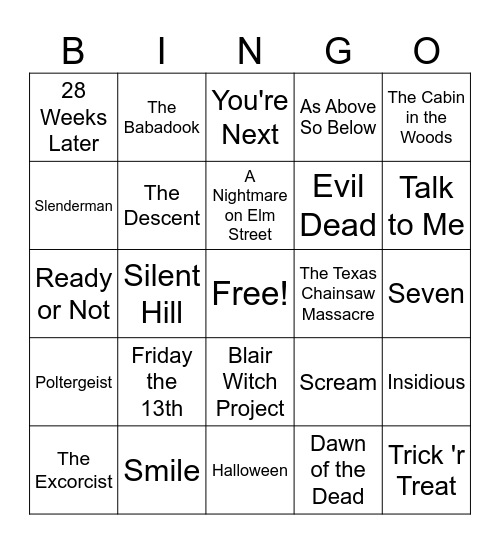 Horror Movie Bingo Card