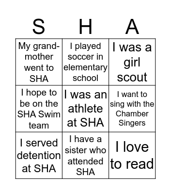 Mother Daughter SHA Bingo Card