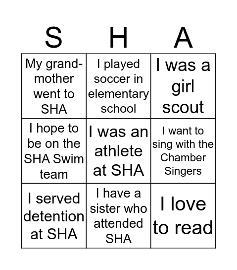 Mother Daughter SHA Bingo Card